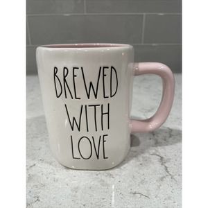 BREWED WITH LOVE Rae Dunn 19oz Coffee Mug Cup White with Pink Handle Inside NEW
